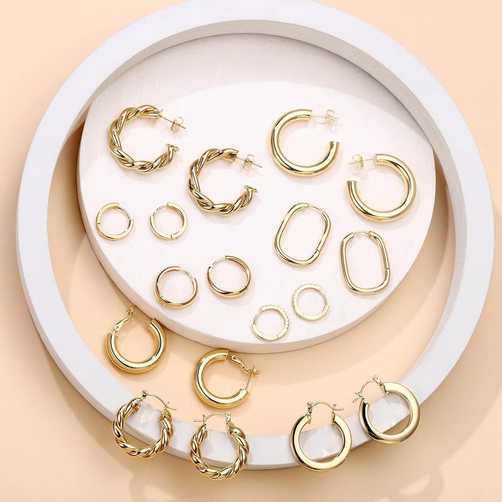 Yesteel 9 Pairs Gold Hoop Earrings for Women,Gold Plated Chunky Hoop Earrings Set for Women Hypoallergenic Thick Lightweight Earring for Womens
