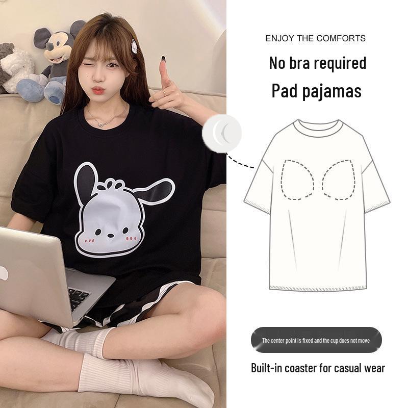 

Women s Summer Cartoon Cotton Pajama Set: Short Sleeve Round Neck Top and Shorts with Chest Pads. Large