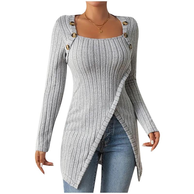 Pulover elegant pentru femei cu mânecă lungă, cu buton, tricot, guler pătrat, cu umeri, ocazional, pentru navetă, toamnă iarnă