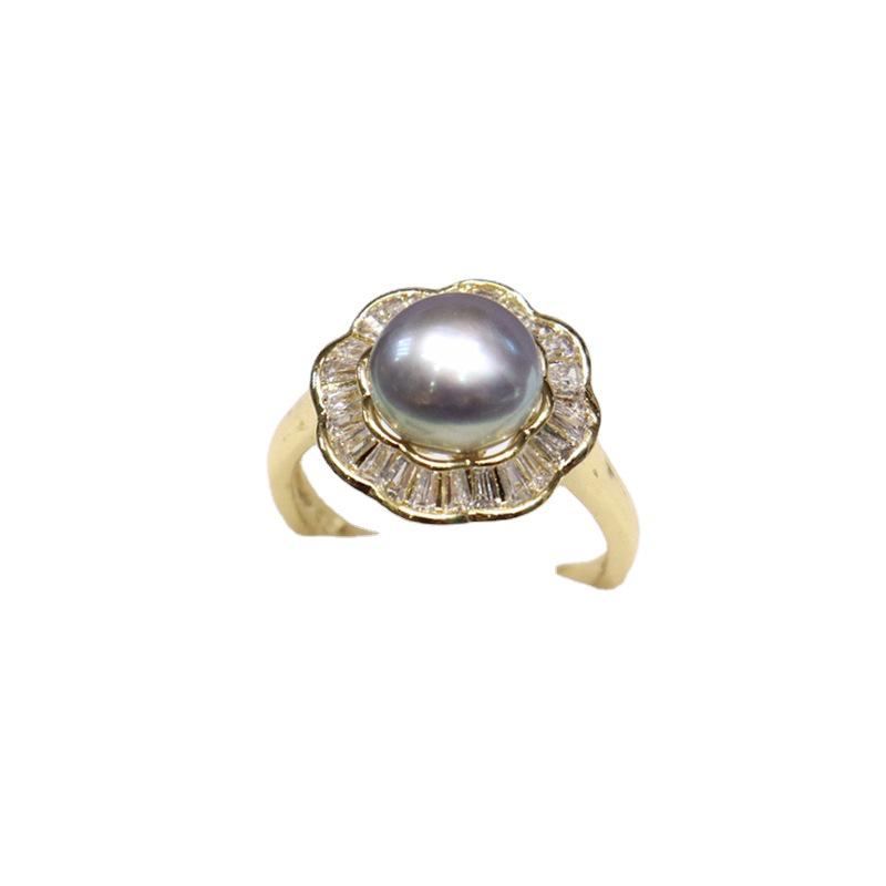 High Luster Freshwater Pearl Ring with Slight Imperfections, 8-9mm, Open Design, 18K Gold Plated, Cubic Zirconia Accents