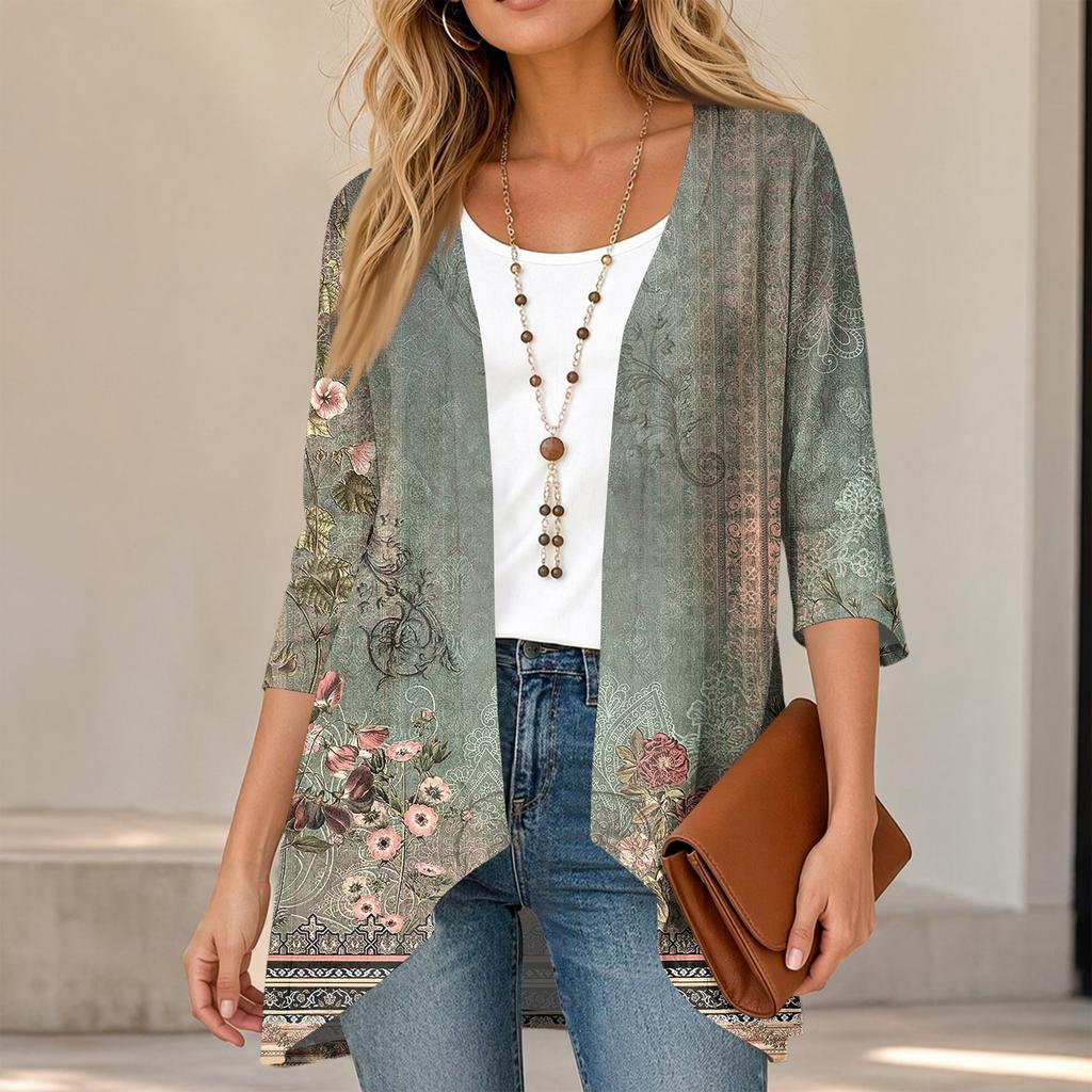 Women's Vintage Floral Print Three-Quarter Sleeve Cardigan Casual Loose Fit Lightweight for Spring Summer