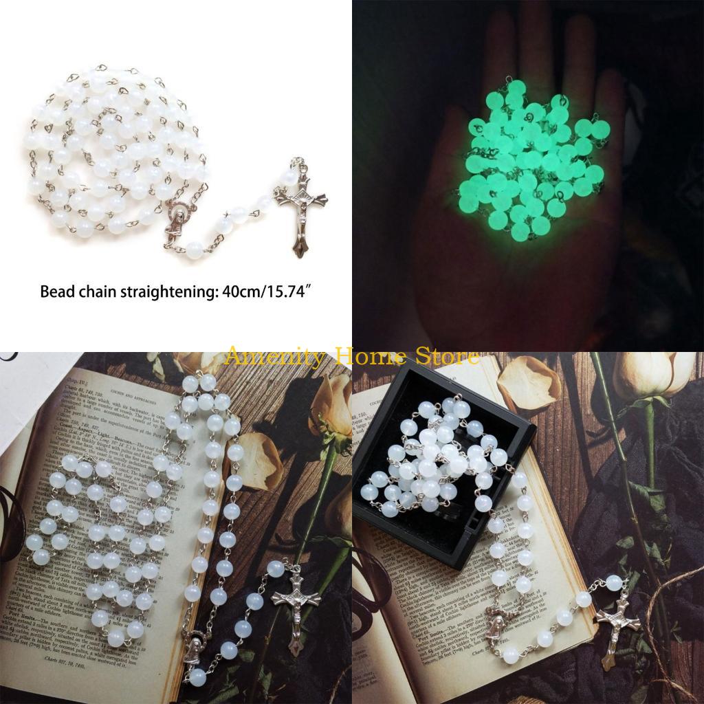 F26C Acrylic White Luminous for Cross Rosary Necklace Hanging Pendant for Women Men Praying Meditation Gift Supplies