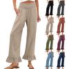Women's Elastic Belt Pocket Linen Pants Pleated Paper Bag High Waist Ruffled Hem Wide Leg Trousers