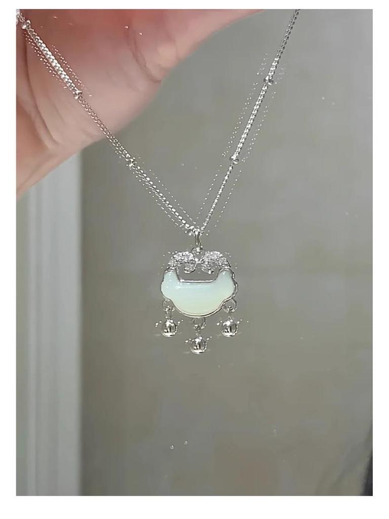 Hetian Jade Women's Necklace: 999 Sterling Silver Peace Lock Pendant, Versatile Clavicle Chain, Ideal Birthday Gift for Girlfriend