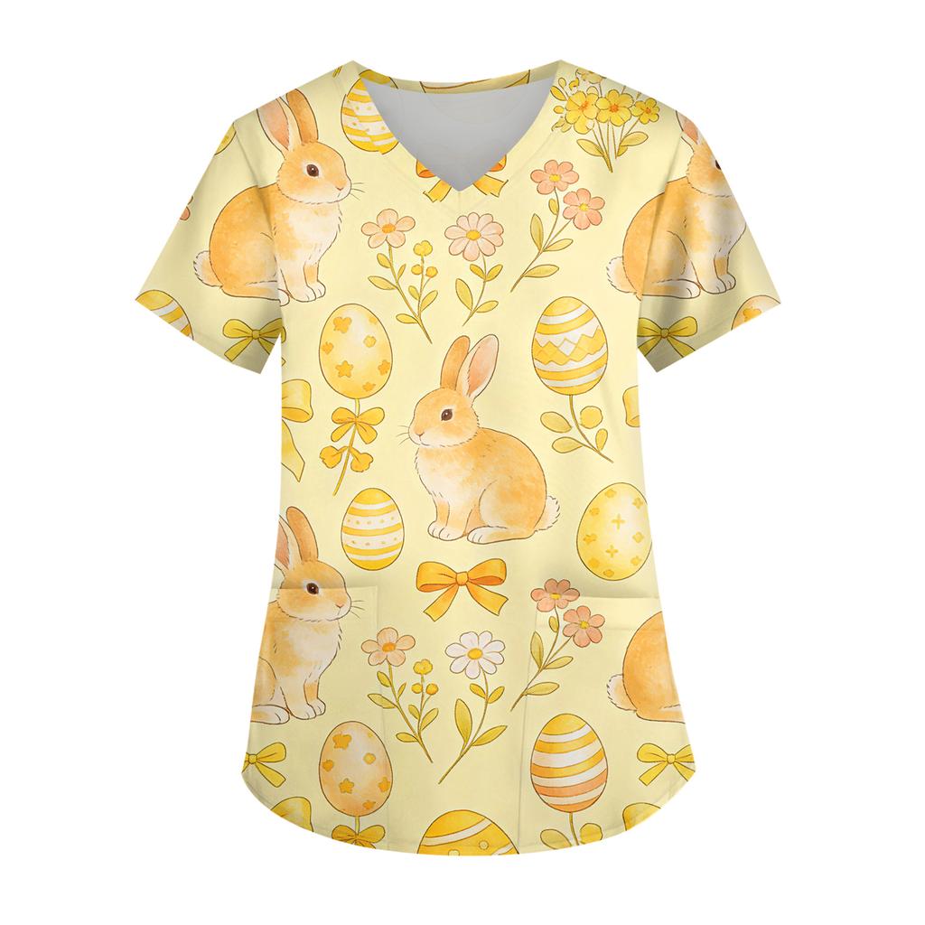 Ladies' Easter printed fashionable V-neck pocket short sleeved uniform and caregiver top