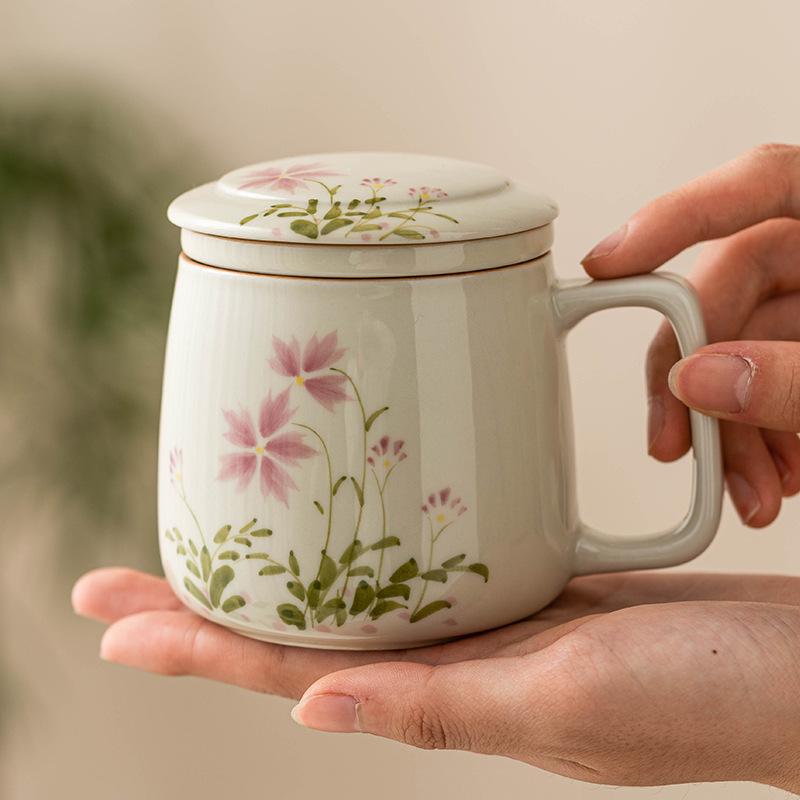 250ml Hand-painted Emerald Bamboo Mug Household Filter Mug Vintage Coffee Cup Mug with Cover Tea Brewing Tableware Collection