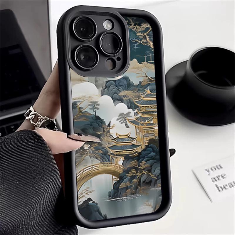 New Chinese Style Landscape Pavilion Art Phone Case for iPhone 17 16 15 14 13 12 11 Series Pro Max Plus Double Layer Protection