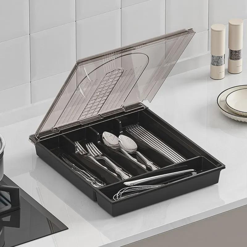 Transparent Multi-Grid Kitchen Storage Box with Lid: Organizer for Chopsticks & Cutlery