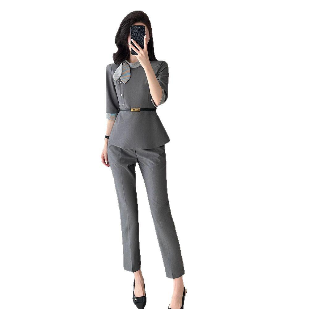 Women's Summer Seven-Sleeve Waist-Cinching Professional Suit for Jewelry Stores, Salons, and Hotel Receptionists