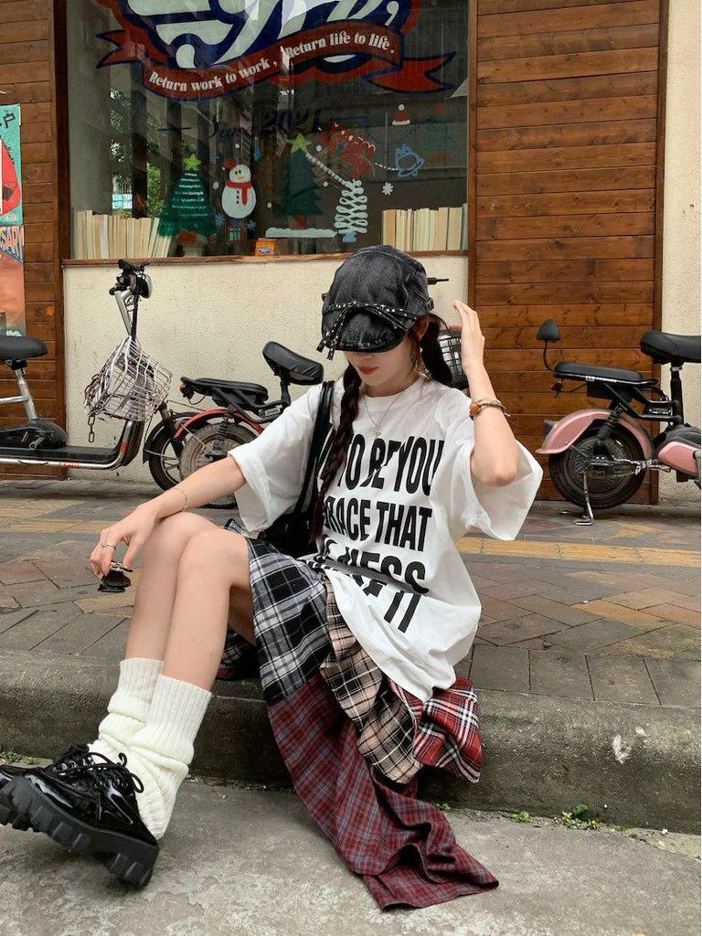 Women's Plus Size Retro Letter Print Cotton T-Shirt - Loose Fit, Trendy Streetwear