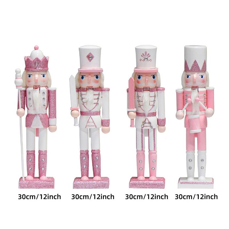30cm Handmade Wooden Pink Nutcracker Soldier, Festive Collectible Tabletop Ornament, Unique Christmas Decor & Holiday Gift