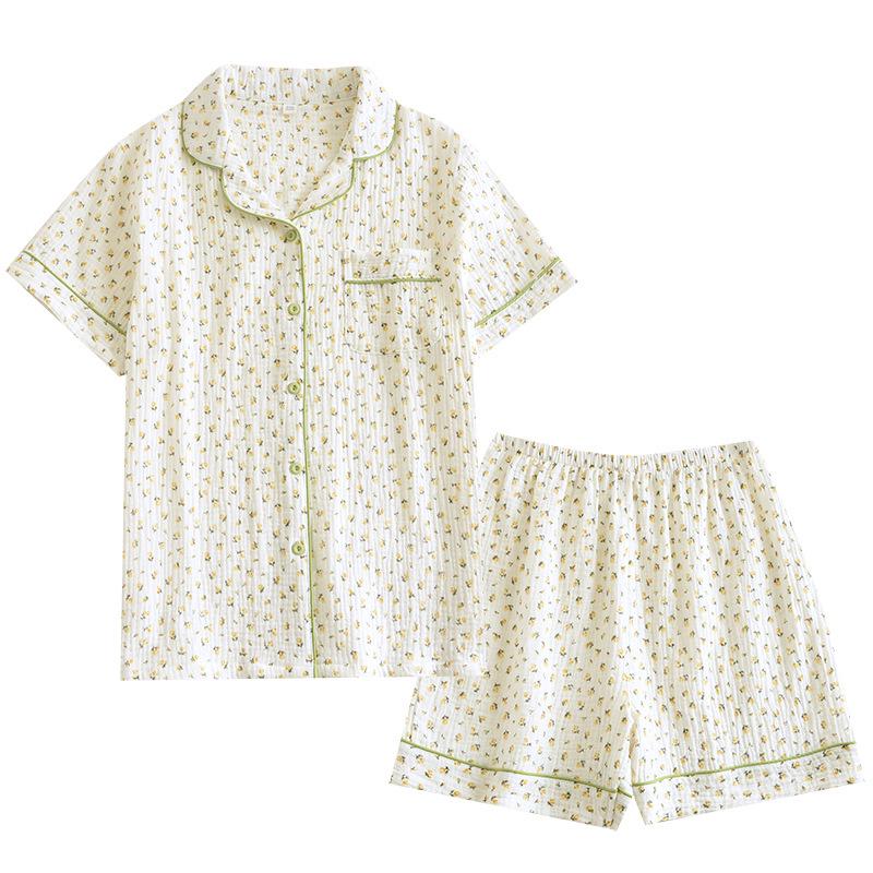 Women's Summer Cotton Gauze Pajama Set - Short Sleeve Top and Shorts