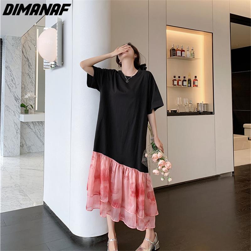 Dimanaf 2023 Plus Size Summer T-Shirt Dress Women Cotton Loose Dress Beach Mesh Female Dresses O-Neck Pink