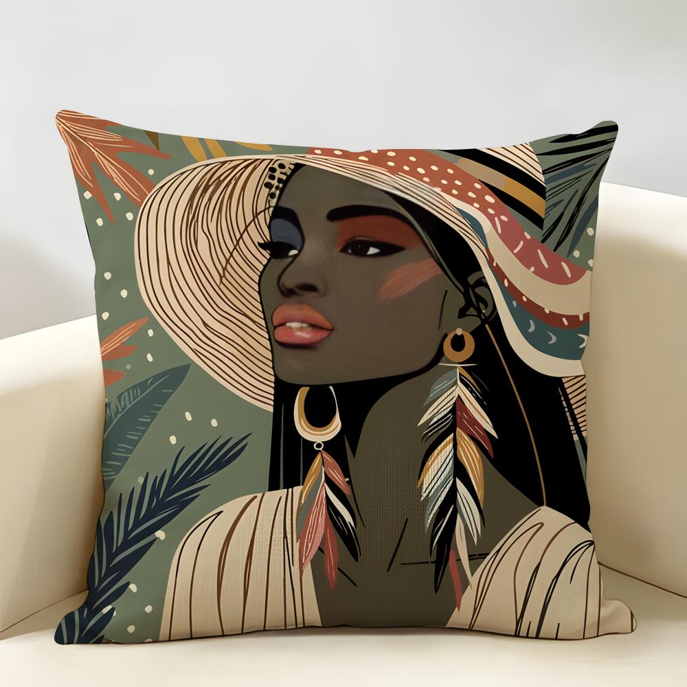 African Black Girls Fashion Cushion Cover Natural Linen Organic Fabric DoubleSided Printing Room Sofa Decor Pillow Case