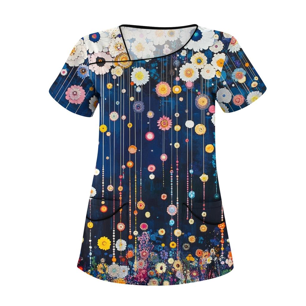 Damski swobodny top roboczy z krótkim rękawem i skośnym kołnierzem z nadrukiem i podwójnymi kieszeniami