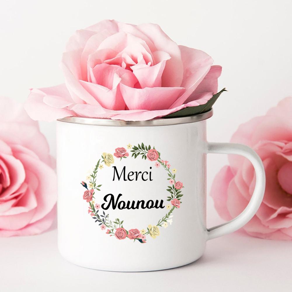 Merci Nounou Printed Mugs Creative Coffee Tea Cups Drink Water Milk Cup Enamel Mug School Home Handle Drinkware Gifts for Nounou
