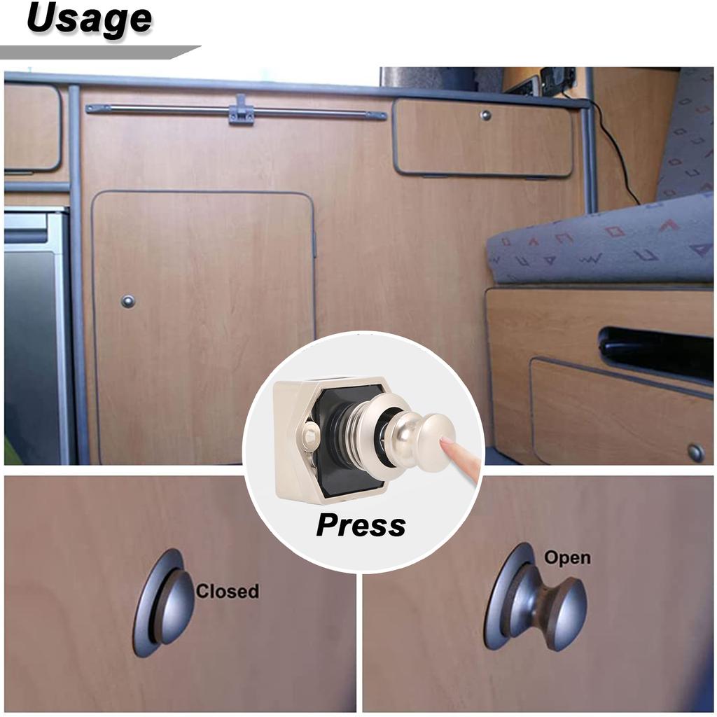 2x Chrome Push Button Szuflada Szafka Drzwi Zatrzask Gałka Zamki Szafki Bezpieczeństwo Blokada Ochrona Catch Lock Caravan RV Samochód kempingowy