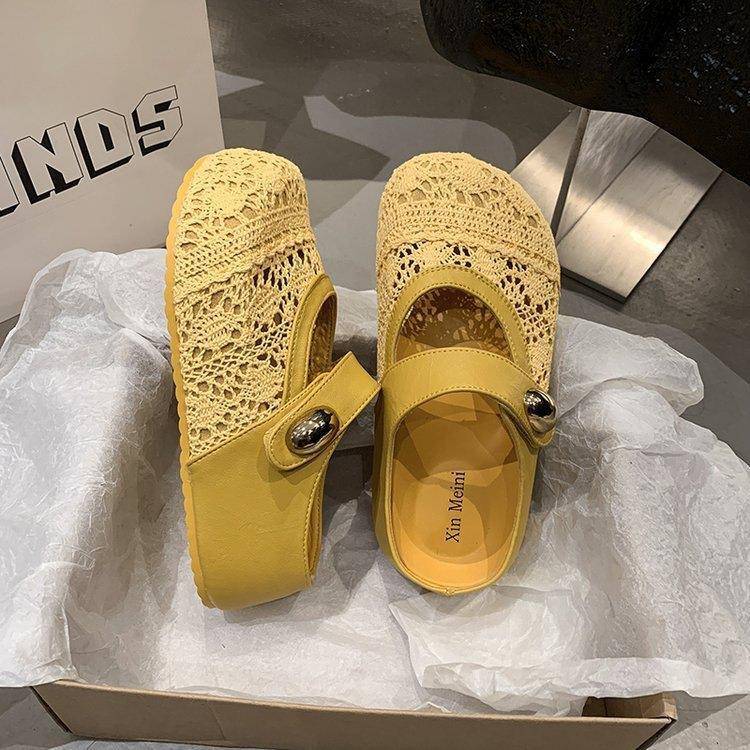 Thick-bottomed bag head hollow inner height increase half slippers women wear new summer breathable mesh surface one pedal sandals