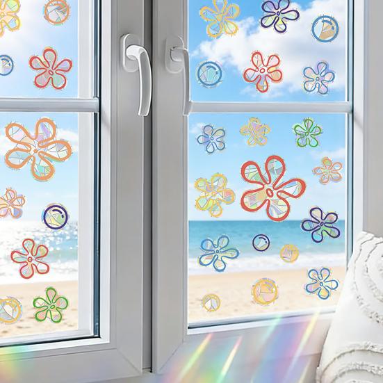 4 Sheets Rainbow Flower Window Clings Small Iridescent Prism Flower Window Sticker Anti-Collision Static PVC Decals for Bird Windows Strike Prevention