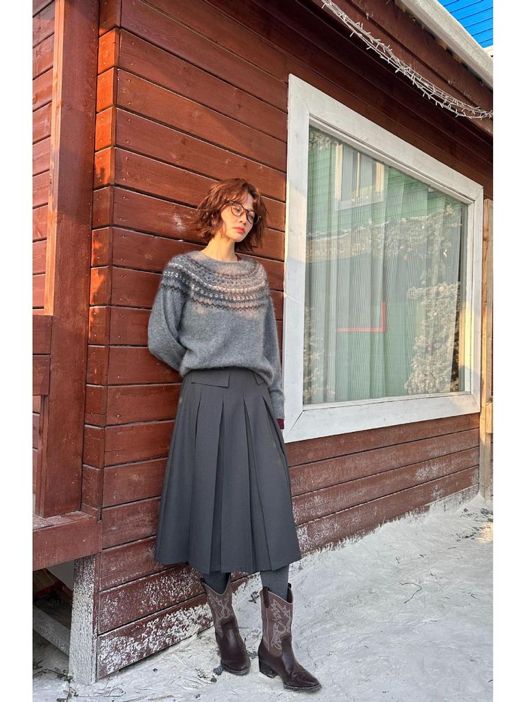 Lanmi Grey Wool-Blend Knitted A-line Pleated Midi Skirt for Women, Winter