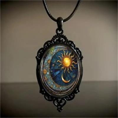 Vintage Gothic  Sun Moon Stars Rose Dragonfly Black Pendant Necklace for Men Women Punk Jewelry Accessories Gift
