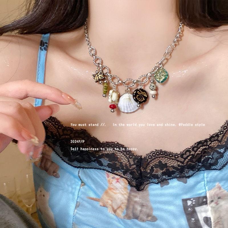 Black cat pink star beaded necklace female summer y2k hottie versatile accessories sweet cool collarbone chain