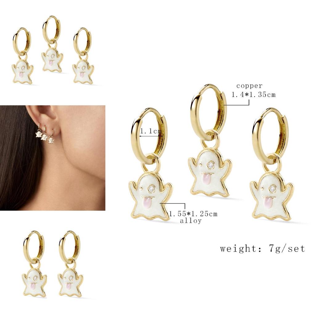 Elegant White Diamond-studded Ghost Alloy Pendant Earrings Set For Multiple Piercings