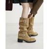 Cowhide version~ Contrasting color belt buckle boots women's retro suede splicing knight boots Maillard slim stacking boots