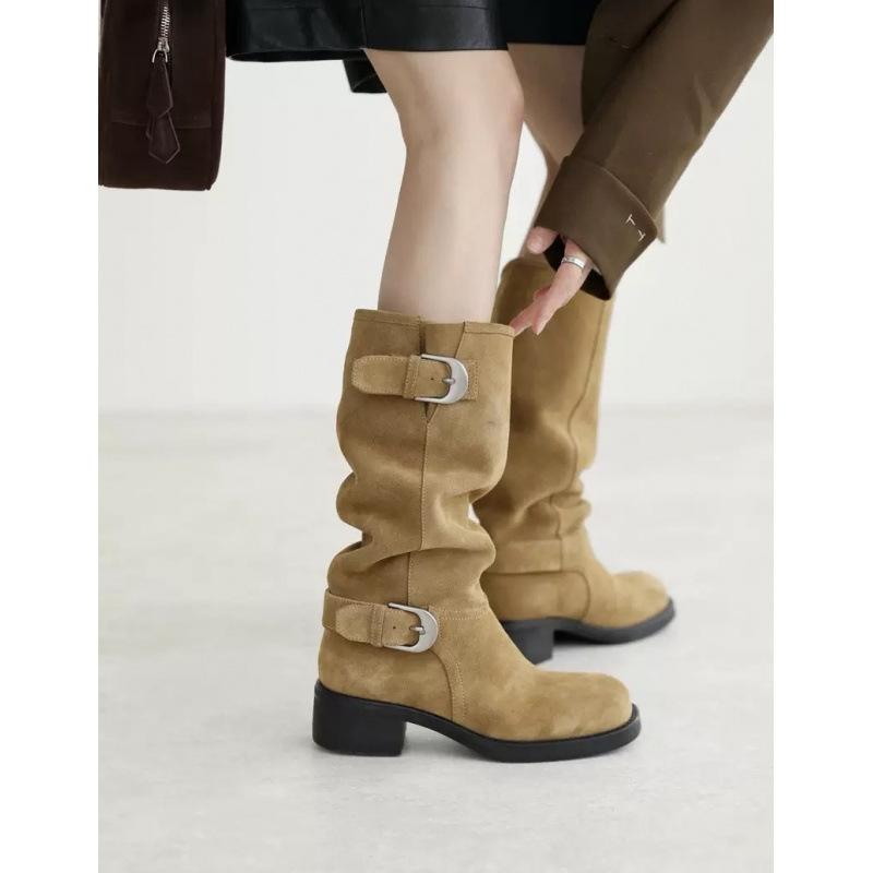 Cowhide version~ Contrasting color belt buckle boots women's retro suede splicing knight boots Maillard slim stacking boots