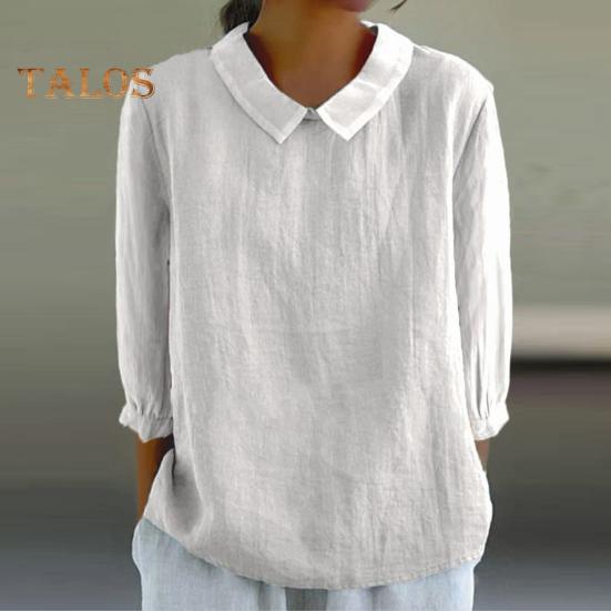 Women Shirt Doll Collar 3/4 Sleeve Pullover Tops Solid Color Loose Fit Thin Shirt Tops Casual Daily Wear