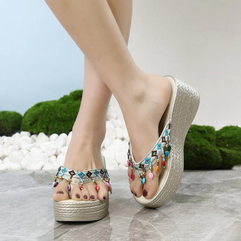 Summer casual women's slippers ethnic slope heel flip-flops fringed decorative elegant beach shoes