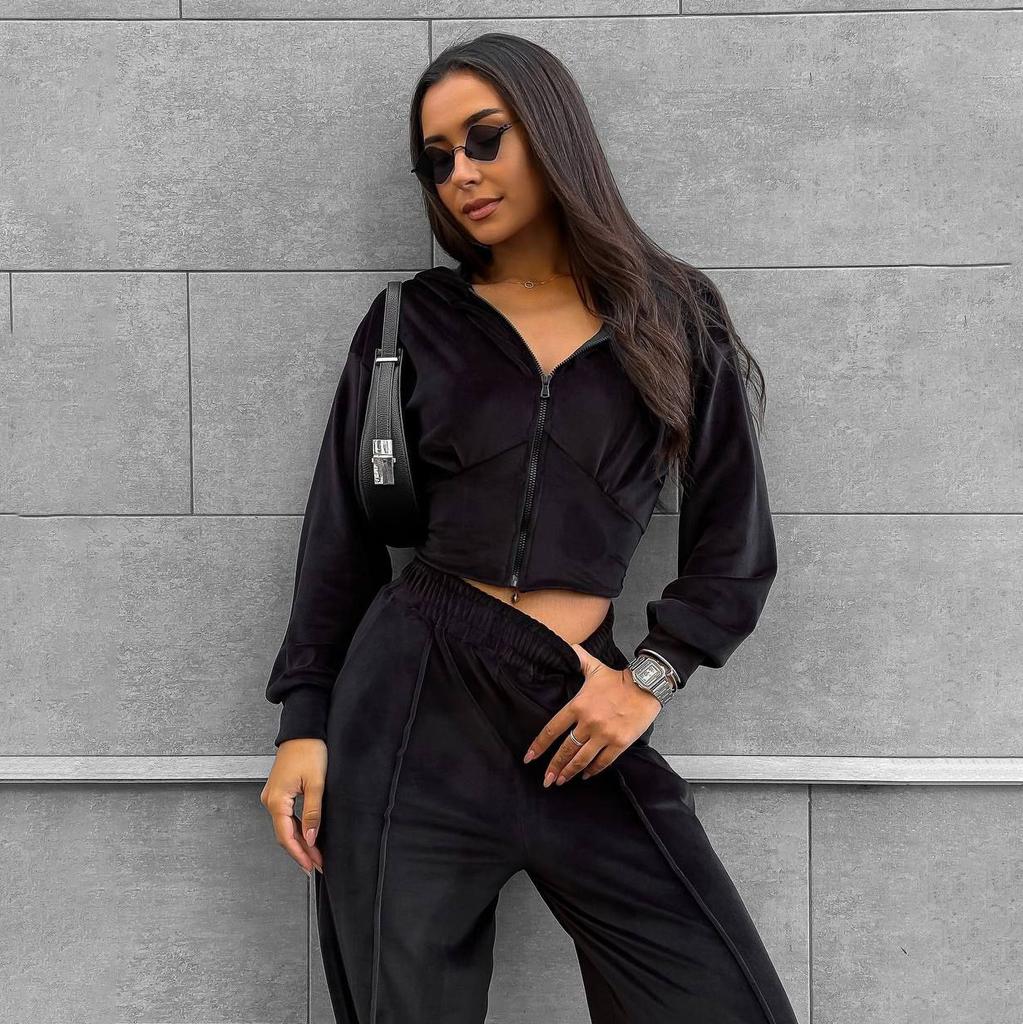 Spice Girl Waist Solid Color Slim Zipper Velvet Jacket Suit Street Style Fashionable Versatile Casual Trousers Women