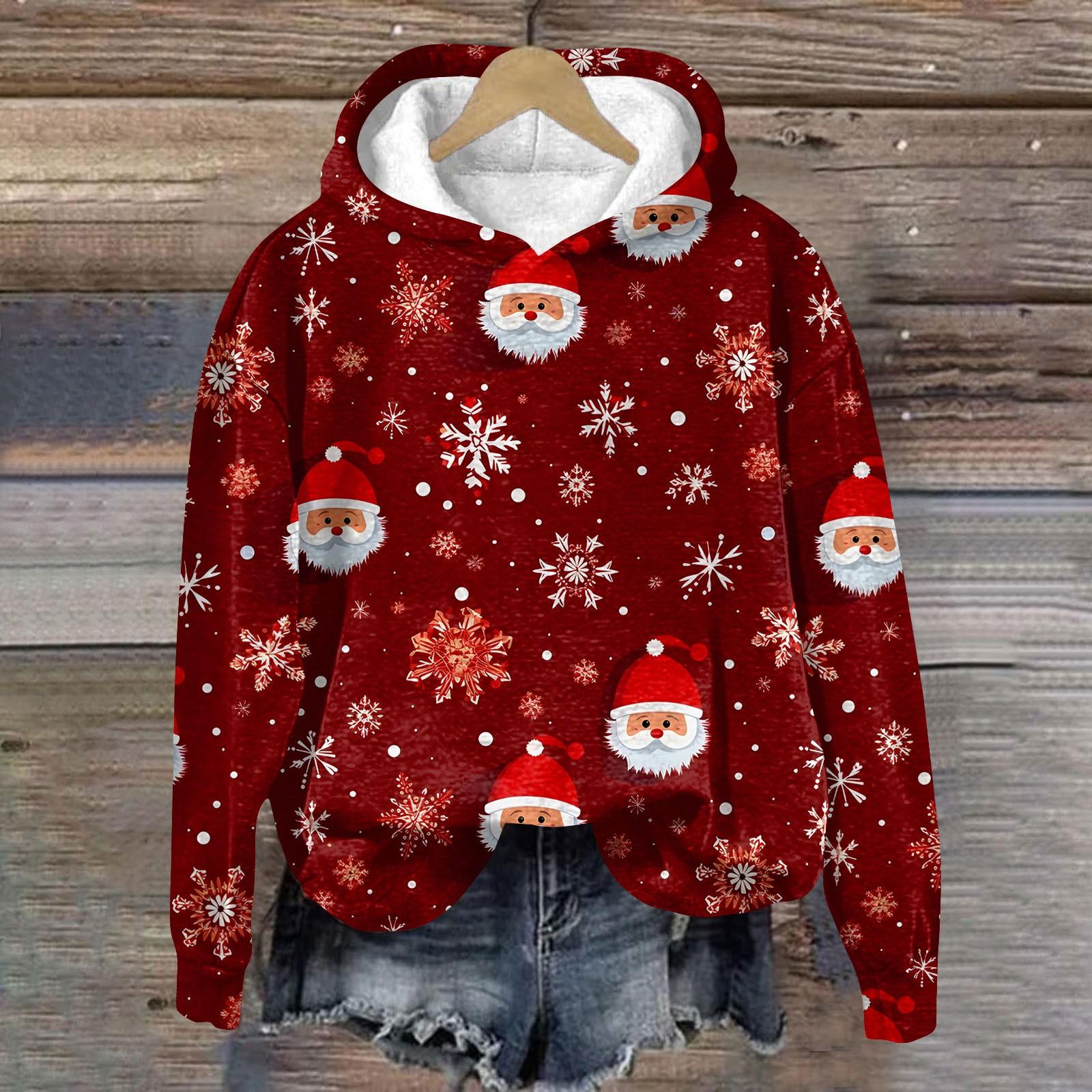 

Женская модная толстовка с капюшоном и заниженной линией плеч с длинным рукавом и рождественским принтом M винный