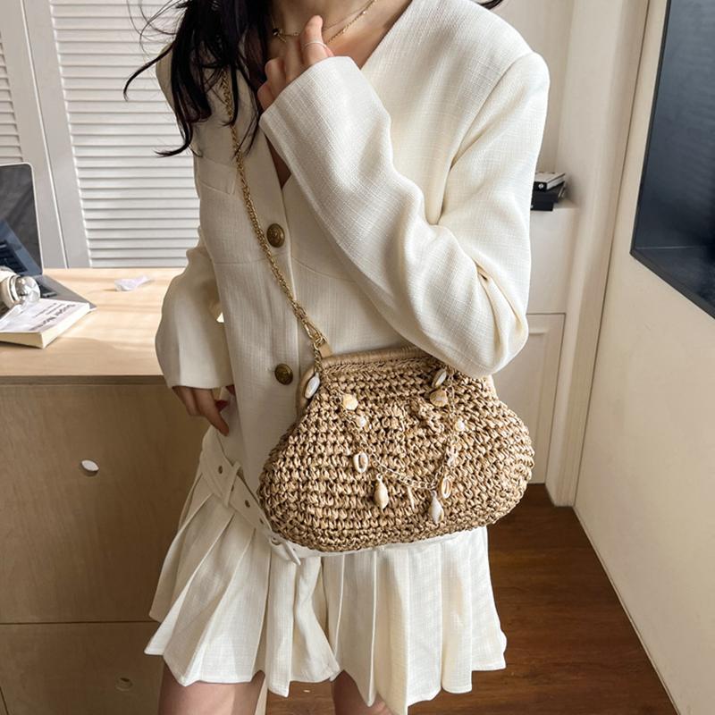 Yogodlns Summer Straw Weaving Crossbody Bag Fashionable Shell Bag Women's Chain Strap Shoulder Bag