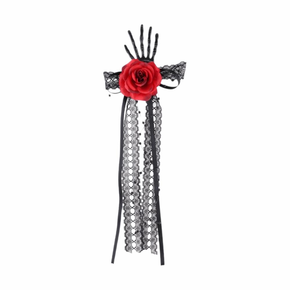 Rose Lace Edge Bone Side Clip Long Ribbon Ghost Hand Hair Accessories Halloween красный