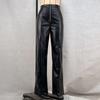 Leather Casual Pants, High Waist Slimming Casual Straight Pants PU Wide-leg Leather Pants Solid Color Slit