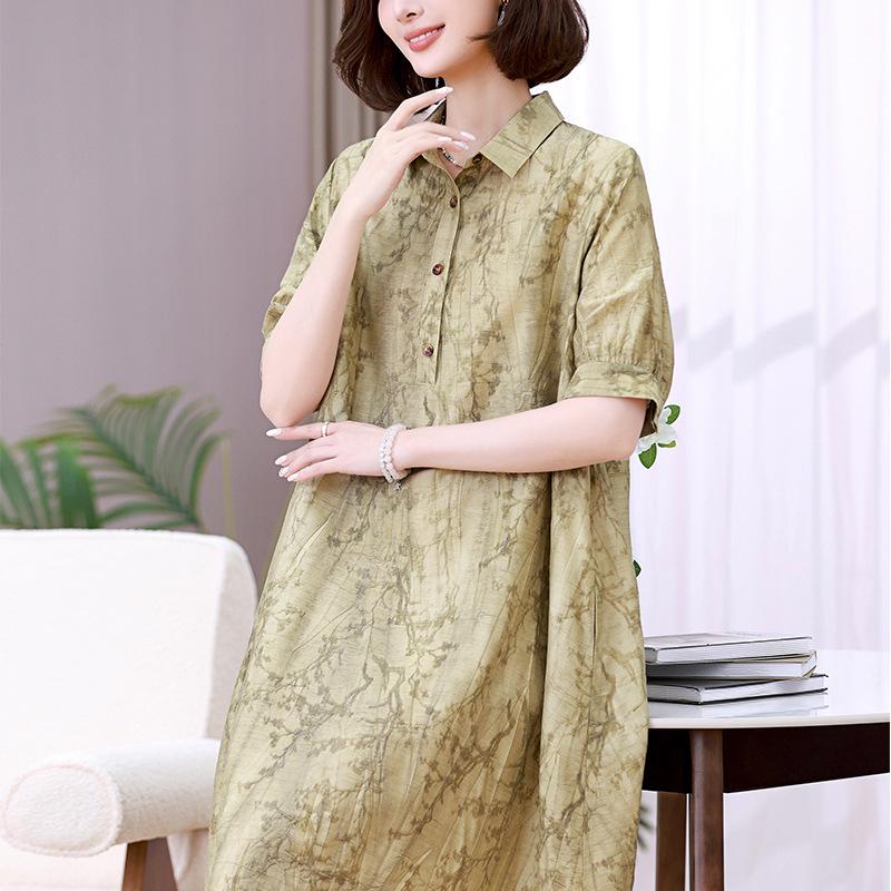 

Летнее платье из тенселя для женщин 2024: Элегантное свободное платье средней длины, стройнящее фигуру, для женщин среднего возраста. L (112-125 jin) зеленые хаки