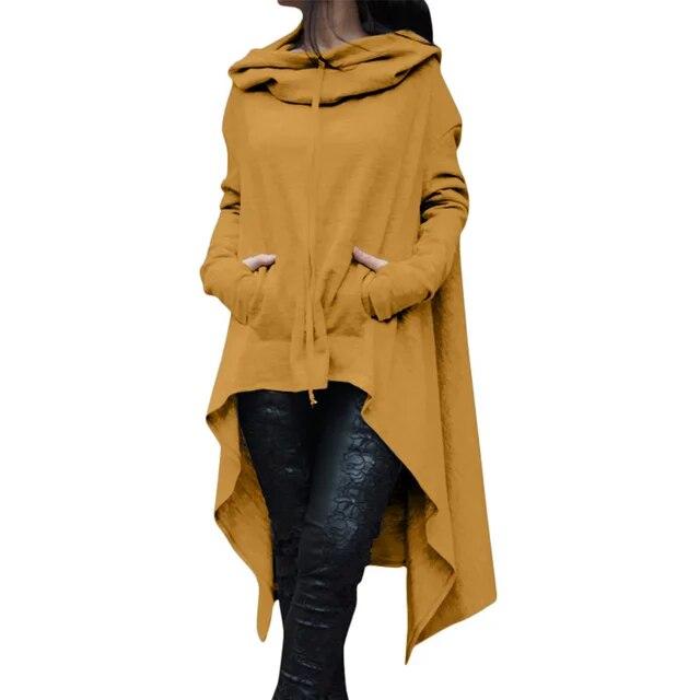 Felpa con cappuccio da donna in misto cotone tinta unita con orlo asimmetrico con coulisse Cappotto poncho allentato per felpa con cappuccio da donna