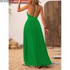 MODIQUE 2025 Summer New Ladies Elegant Sexy Deep V-Neck Backless Solid Green Pleated Slip Long Dress Women's Casual A-Line Dress