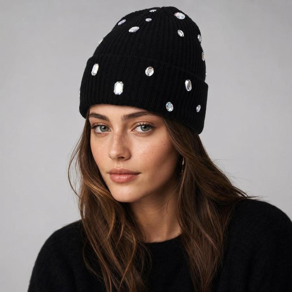 Solid Color Beanie Hat Rhinestone-embellished Skull Cap Fashionable Pullover Knit Cap Autumn