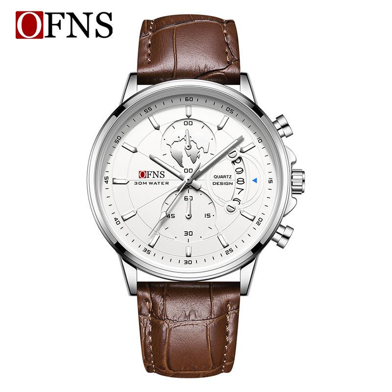 OFNS Men's Fashion Business Watch: Six-Hand Leather Strap, Waterproof with Calendar.