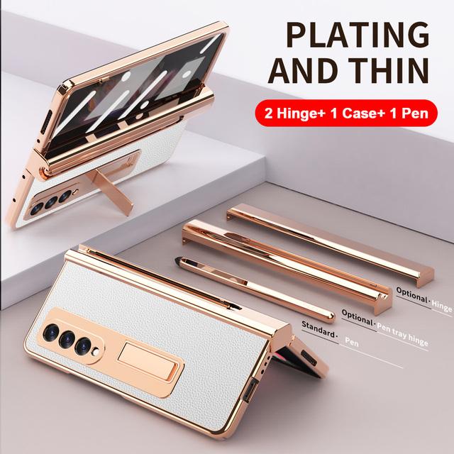 2 Stück Scharnier mit Stift für Samsung Galaxy Z Fold 3 2 5g Hülle mit Touch Pen Slot Frontglas Ständer Halter Lederhülle