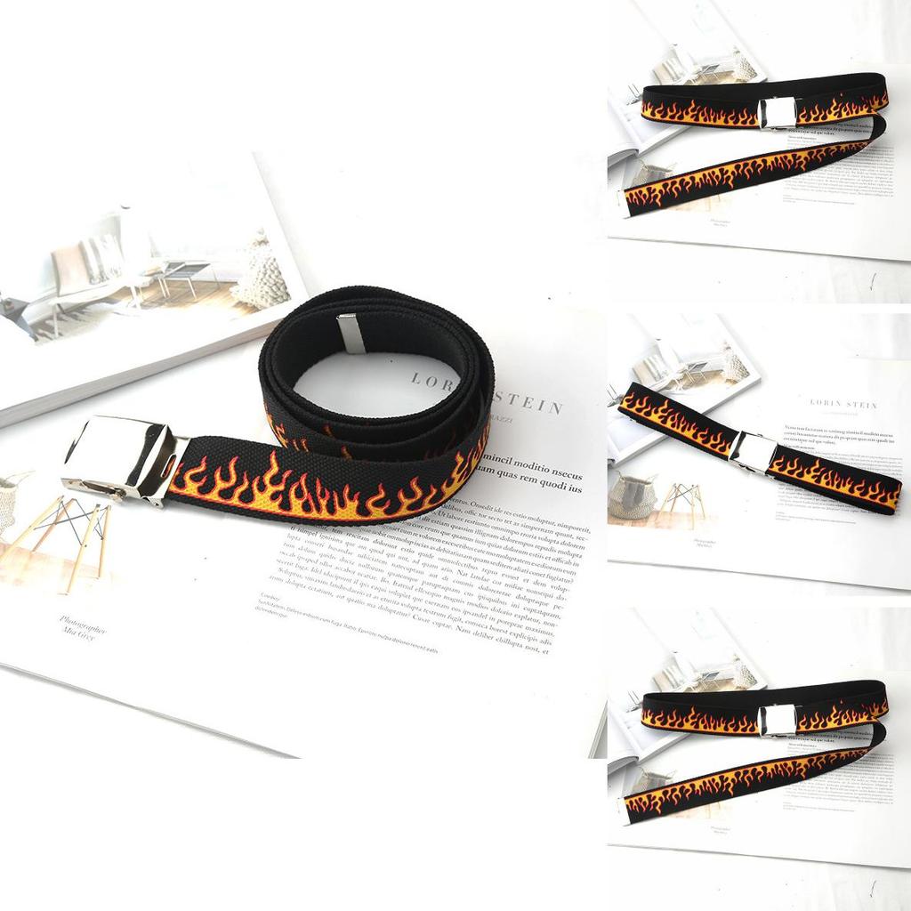 Fashionable Flame Pattern Metal Buckle Decoration Woven Canvas Belt For Men And Women Casual Style
