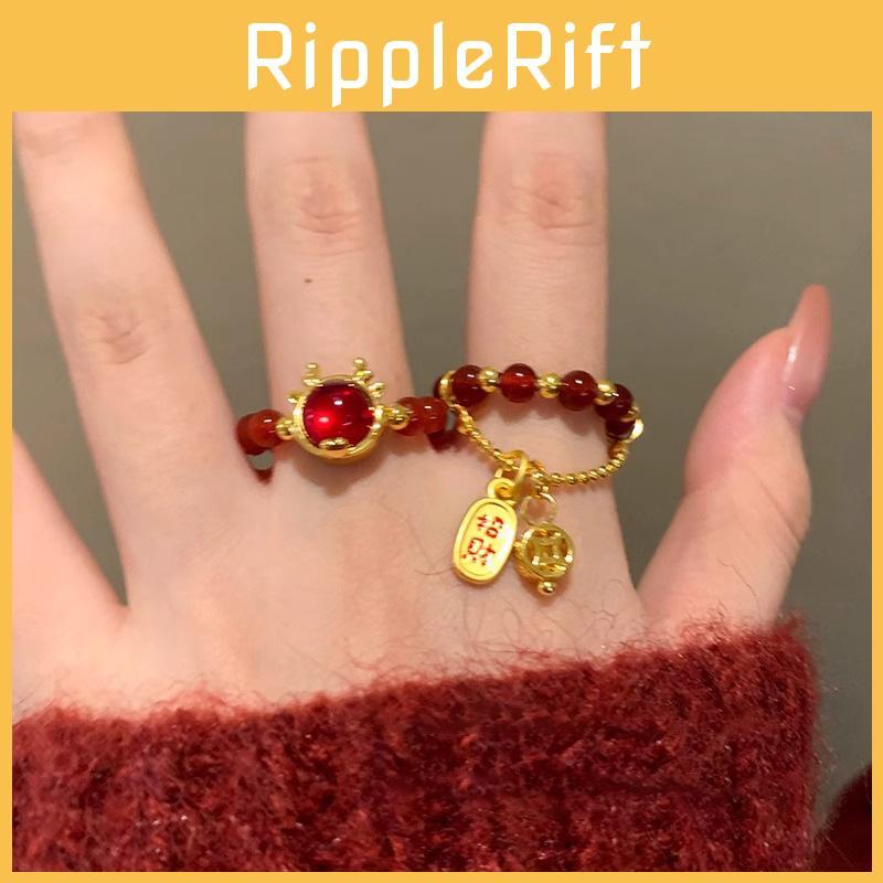 Elegant Adjustable Copper Ring Featuring Rich Red Agate For Prosperity And Good Fortune