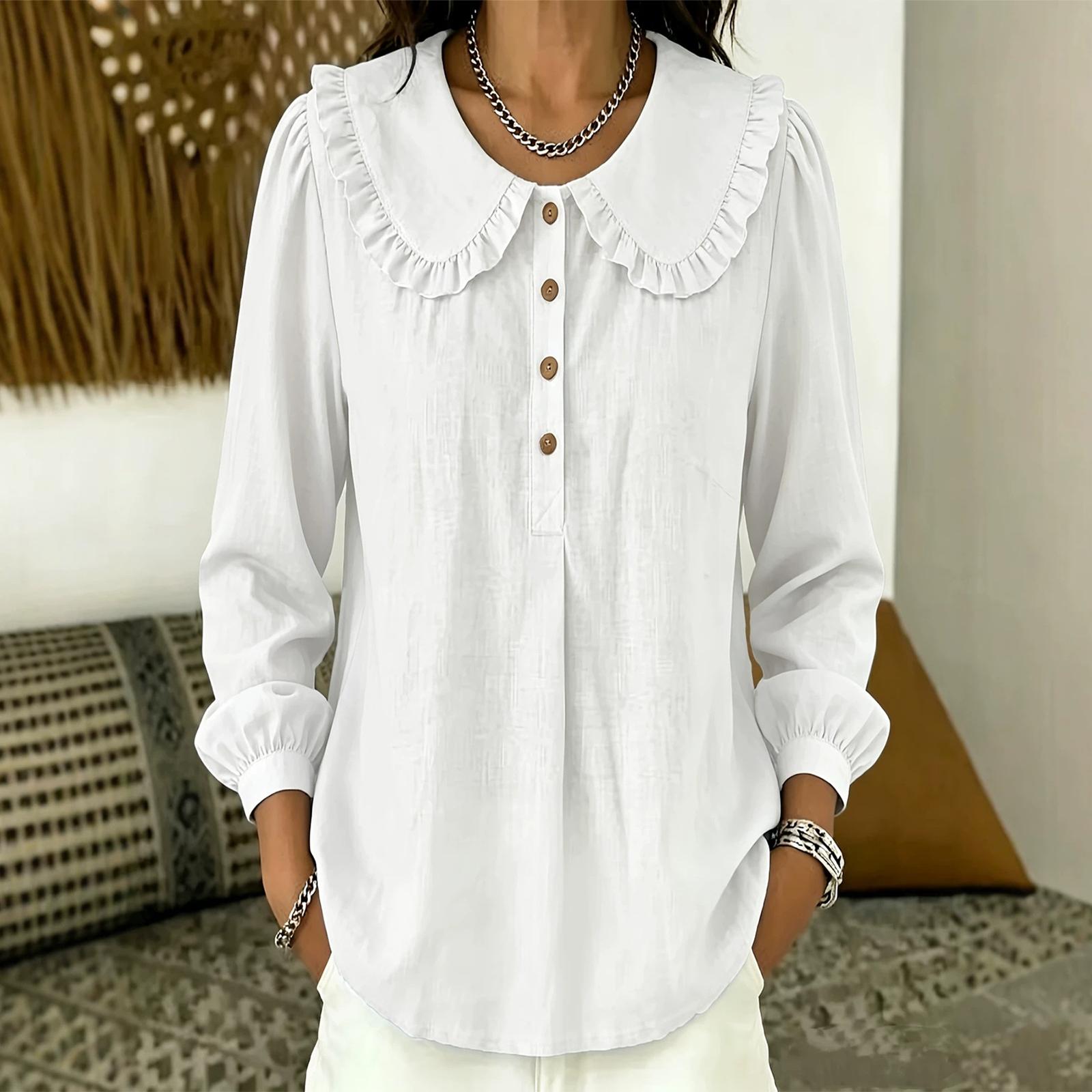 Women s Color Cotton Linen Loose Fit Long Sleeve Top with Collar XL