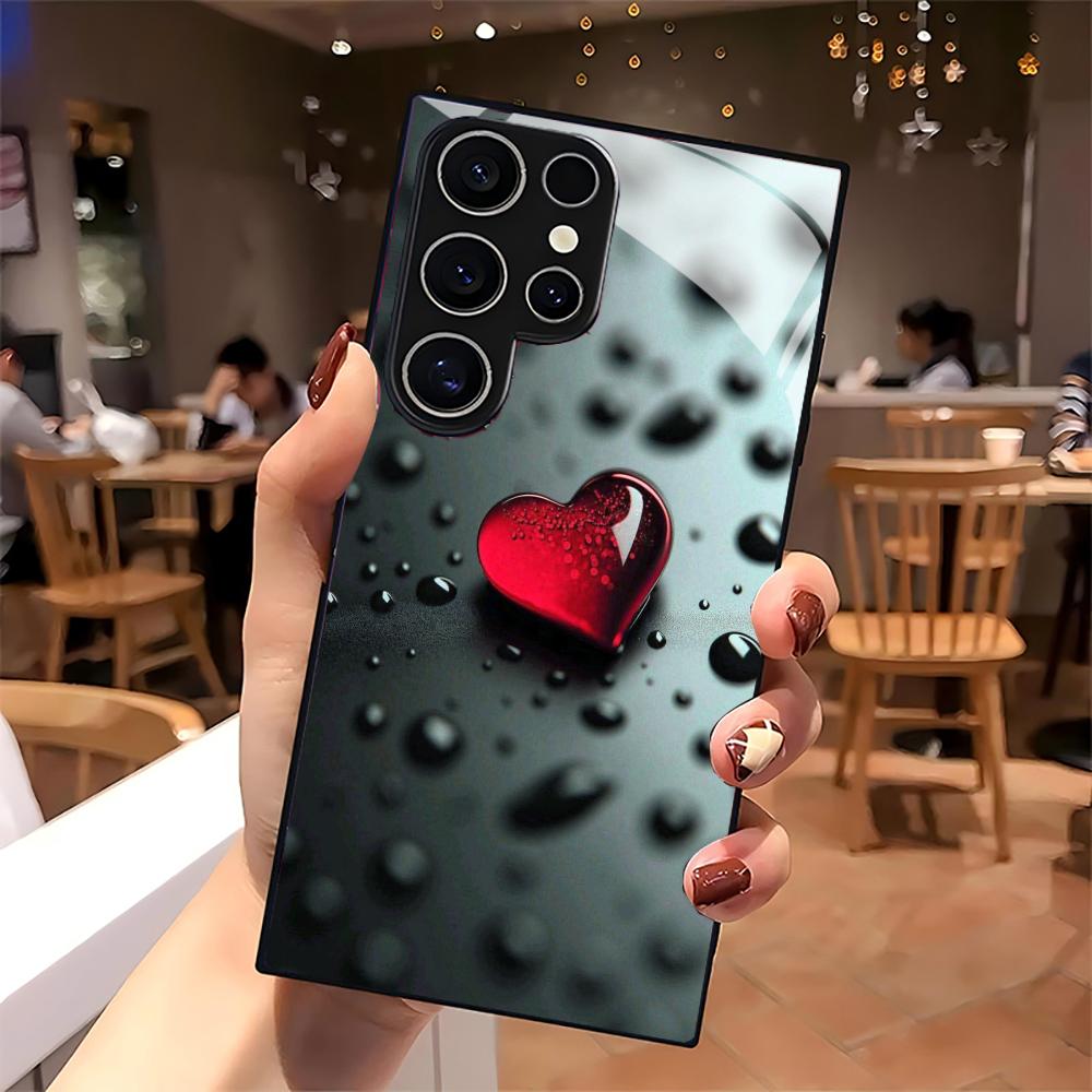 Raindrops and Hearts  glass Phone Case For Samsung Galaxy S26 S25 S24 S22 S23 Ultra S21 S20 Plus 5G  Non-Slip Full Cover