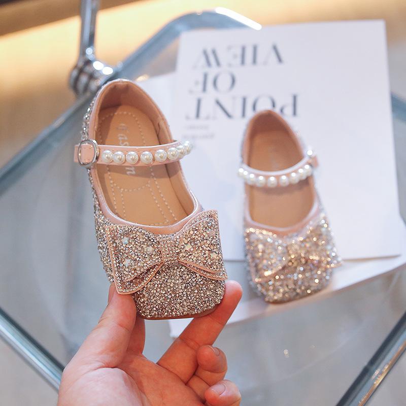 Kids Rhinestone Bow Pearl Decor Mary Jane Flat Shoes 22 розовый
