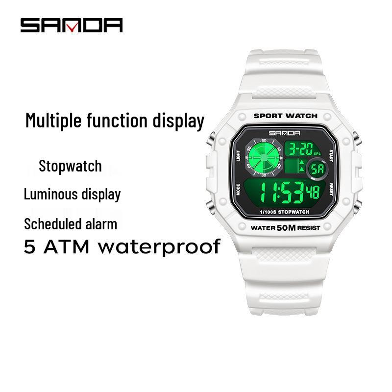 Sanda Teen & Men Multifunctional Waterproof Fashion Square Alarm Clock Watch