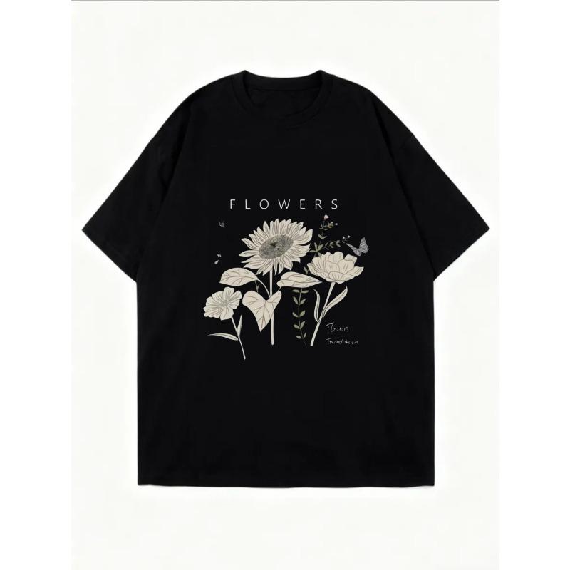 White Oversized T Shirt With Floral Print And Flowers Text For Casual Wear