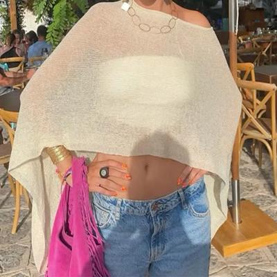 Damen Y2k Unregelmäßiges Sonnenschutzkleid Gestrickte Überwürfe Crop Tops Durchsichtig Einfarbig Unregelmäßig Locker Pullover Sommer Boho Strand T-Shirts